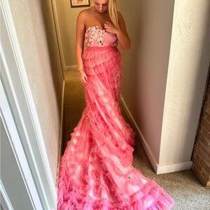 Loveshackfancy Pink Strapless Gown with Floral Details